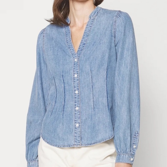 Veronica Beard Sedona Chambray Denim Blouse Sz 4 Quiet Luxury Coastal Feminine - Picture 3 of 12